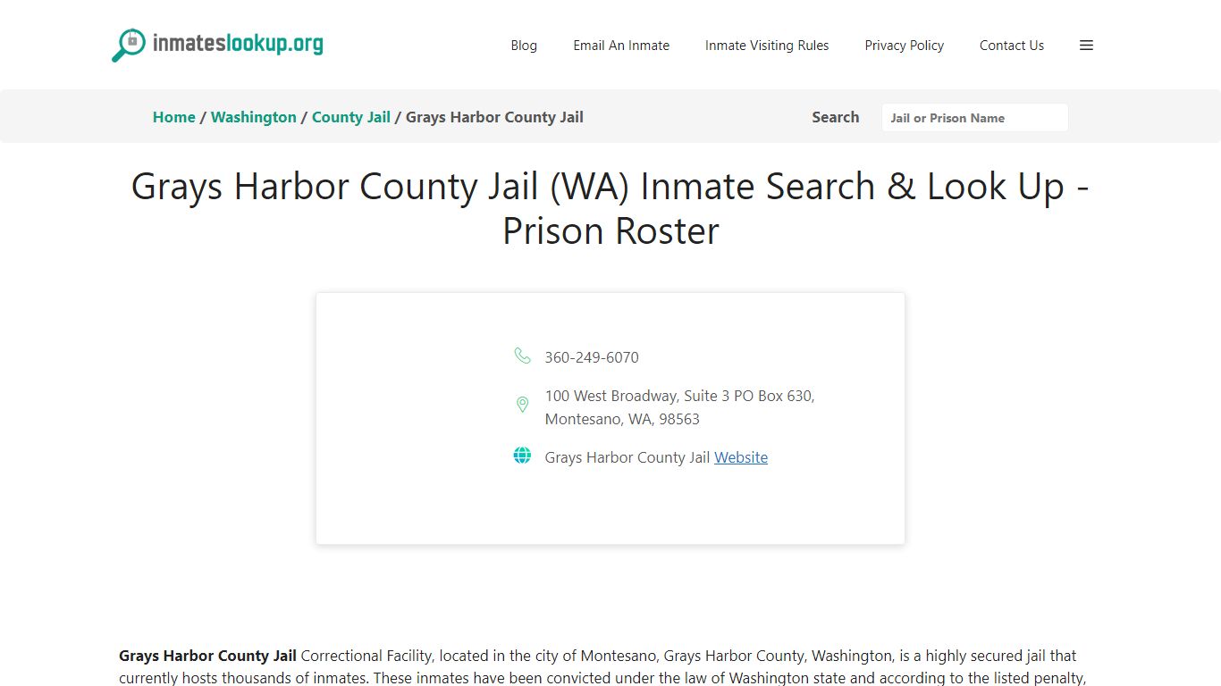 Grays Harbor County Jail (WA) Inmate Search & Look Up - Prison Roster